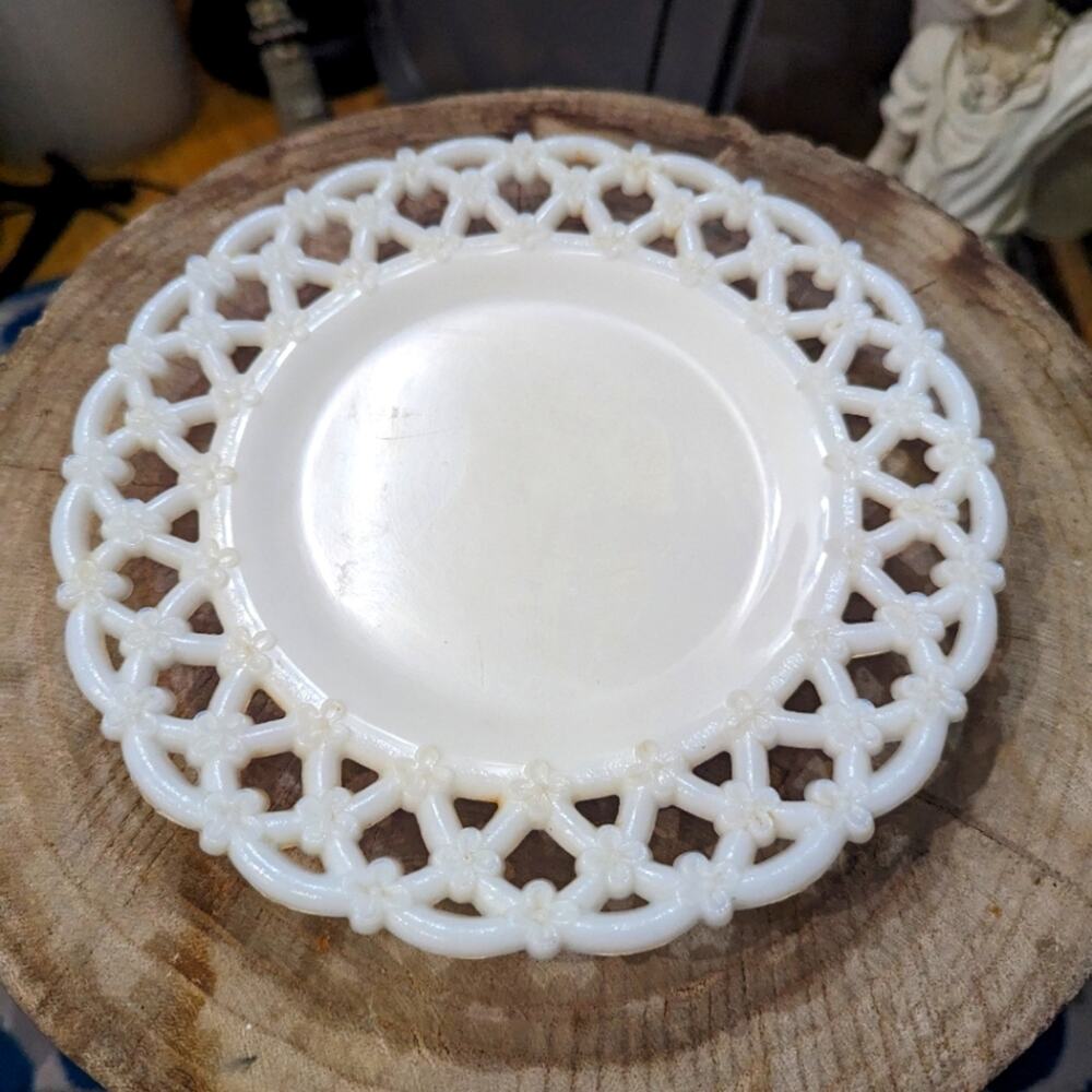 Vintage collectible Milk glass with lattice forget me not edge